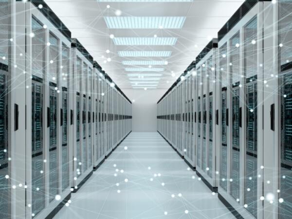 a server room with digital dots