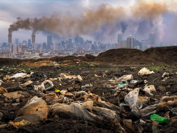 a city skyline with visible pollution 